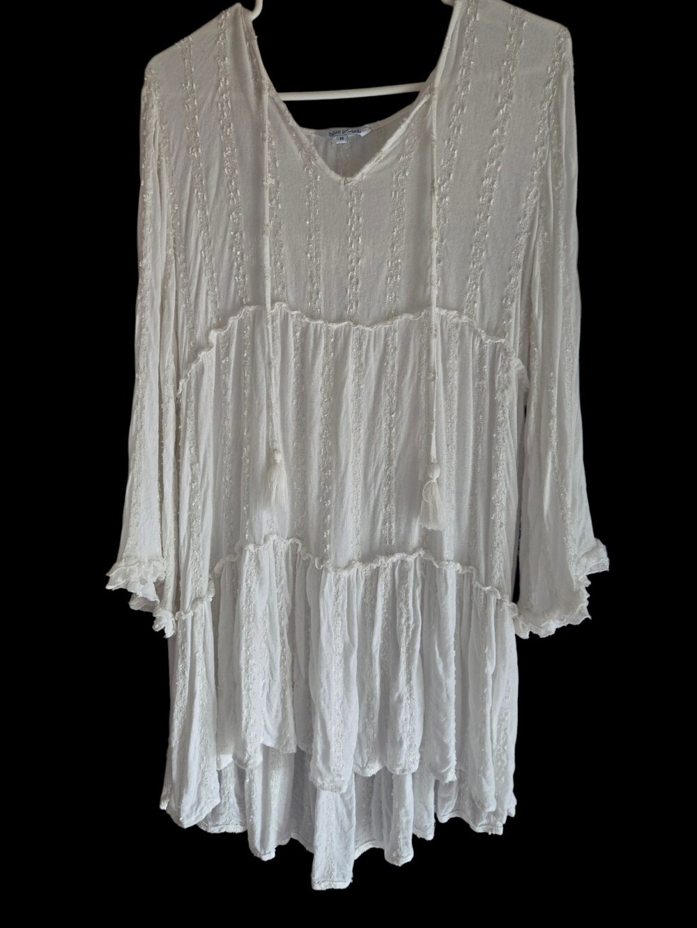 Blue Island, Women's Boho Tiered V-Neck Tunic Dress - Cream